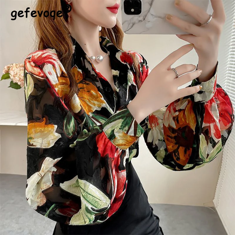 Vintage floral impresso comute senhoras festa blusas topos primavera outono feminino elegante lanterna manga longa botão solto até camisa