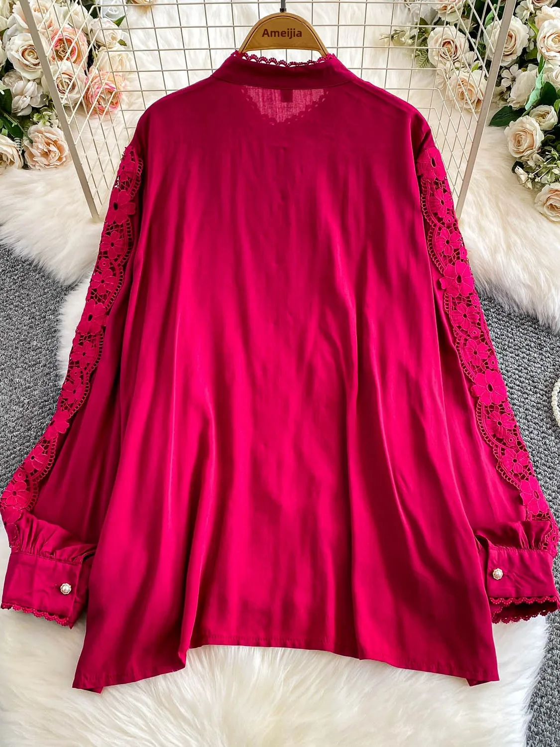 Retro Spitze Patchwork Stehkragen Laterne Sve irt Damen Herbst Anti-Aging Sanftes Blaues Top Court Sle Loose Fit Lang S...