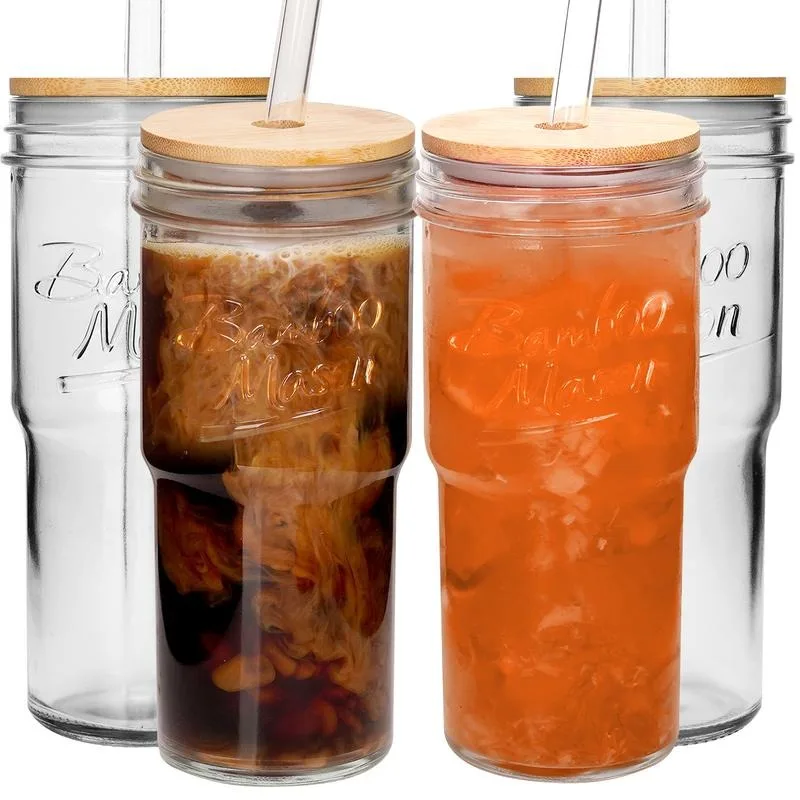 

Модные стеклянные чашки в стиле Mason Jar емкостью 24 унций с крышками и соломинками | Набор из 4 подстаканников для автомобилей | Дорожные кофейные кружки