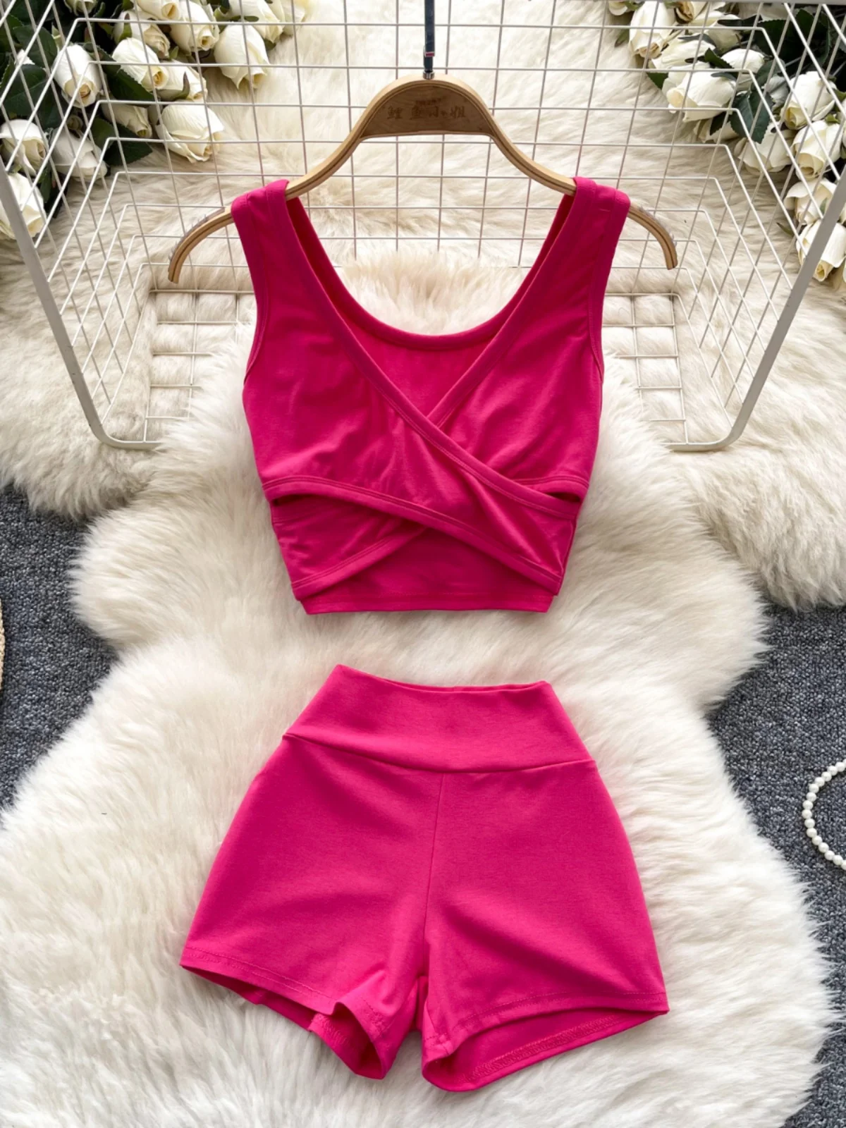 

Foamlina Sporty Cut-Out Crisscross Cami Top + High Waist Bodycon Shorts Two-Piece Set INS Trendy Summer Bodycon Outfit for Women