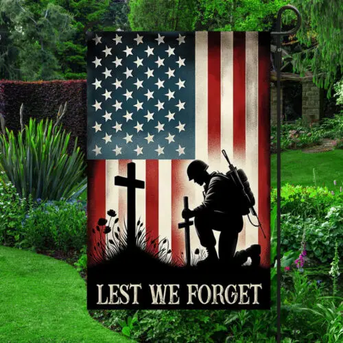 Memorial Day Veteran Kneeling Soldier The Cross Garden Flag