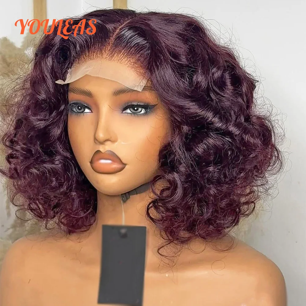 

Burgundy Loose Wave 99J Colored Wig Short Bob 13x4 Transparent Lace Front Glueless Wigs Human Hair Ready To Wear Preplucked