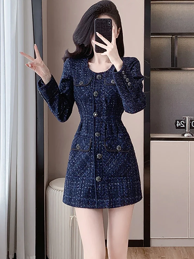 Women Blue Plaid Tweed Thick Warm Mini Dress Autumn Winter Long Sleeve  Bodycon Party Dress 2025 Korean Vintage Elegant Vestidos