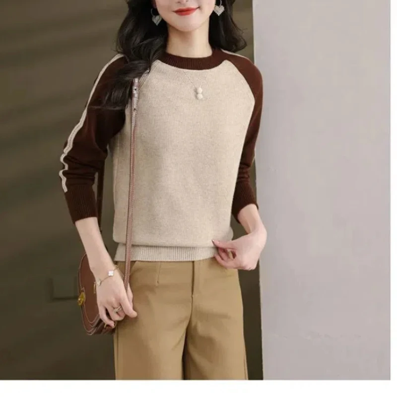 

Женский осенне-зимний пуловер с круглым вырезом, свитер с длинными рукавами и фонариками, вязаный контрастный цвет, элегантные модные повседневные топы