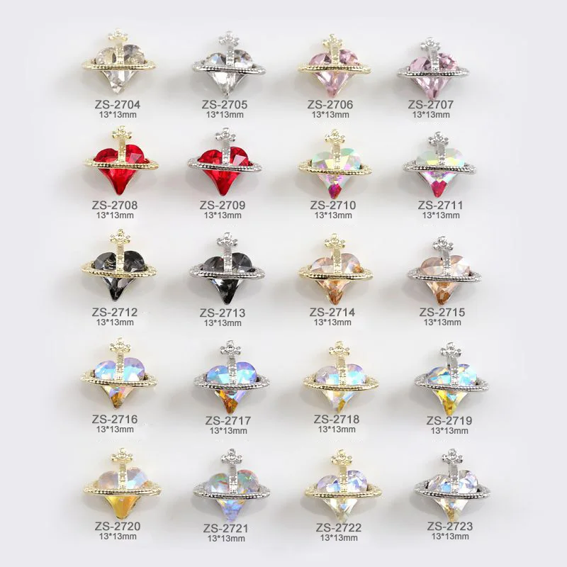 10st Crooked Tilted Heart Satelliet Kristal Legering Steentjes Sieraden Nail Art Decoraties Nagels Accessoires Charms Supplies