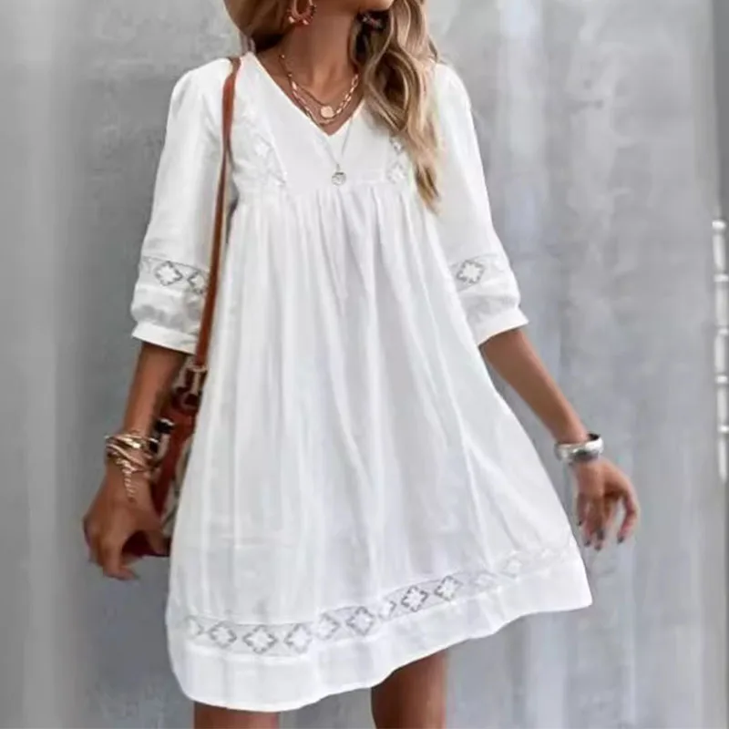 Mini abito bianco estivo da donna sexy casual allentato Boho Beach vestito estivo da vacanza in pizzo con scollo a V abiti a mezza manica abiti femminili