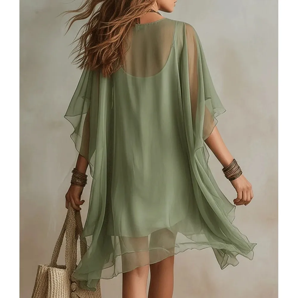 Summer Solid V-neck Loose Mini Dresses Set Women Spaghetti Strap Dress With Perspective Cover Up Beach Vacation Dress 2pcs Sets - view 2