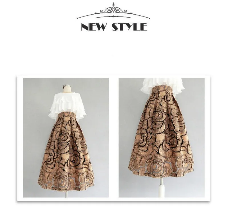 Khaki Geometrische Vintage Hohe Taille Ballkleid A-linie Lose frauen Rock Knielangen Lange Röcke Für Frauen Kleidung Mode – Detail 3