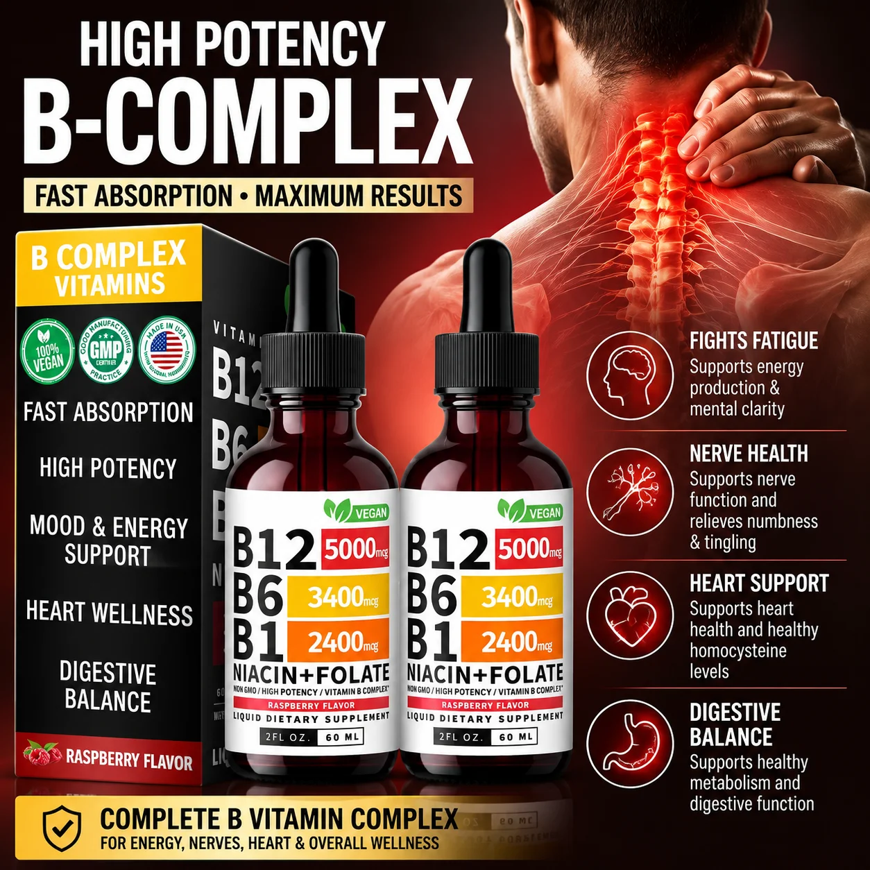 Vitamin B12 B6 Liquid Drops for Energy Focus & Nerve Function B Complex with B1 Niacin Folate Raspberry Vegan 60ml 40 Servings