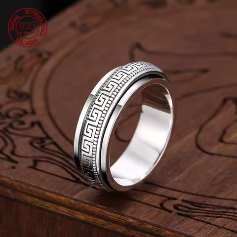 2025 Real S925 Sterling Silver Lucky Ring Great Wall Pattern Double Layer Rotatable Rings For Man Woman Lucky Jewelry Gift