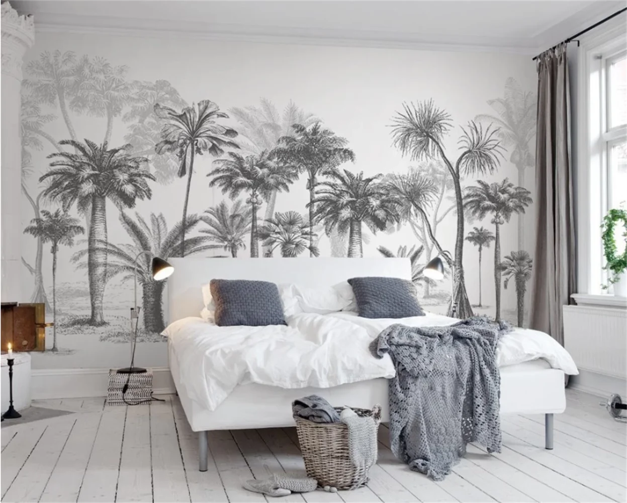 

beibehang Custom Wall paper Mural Black and White Sketch Tropical Rainforest Coconut Tree Nordic TV Sofa Background 3d Wallpaper