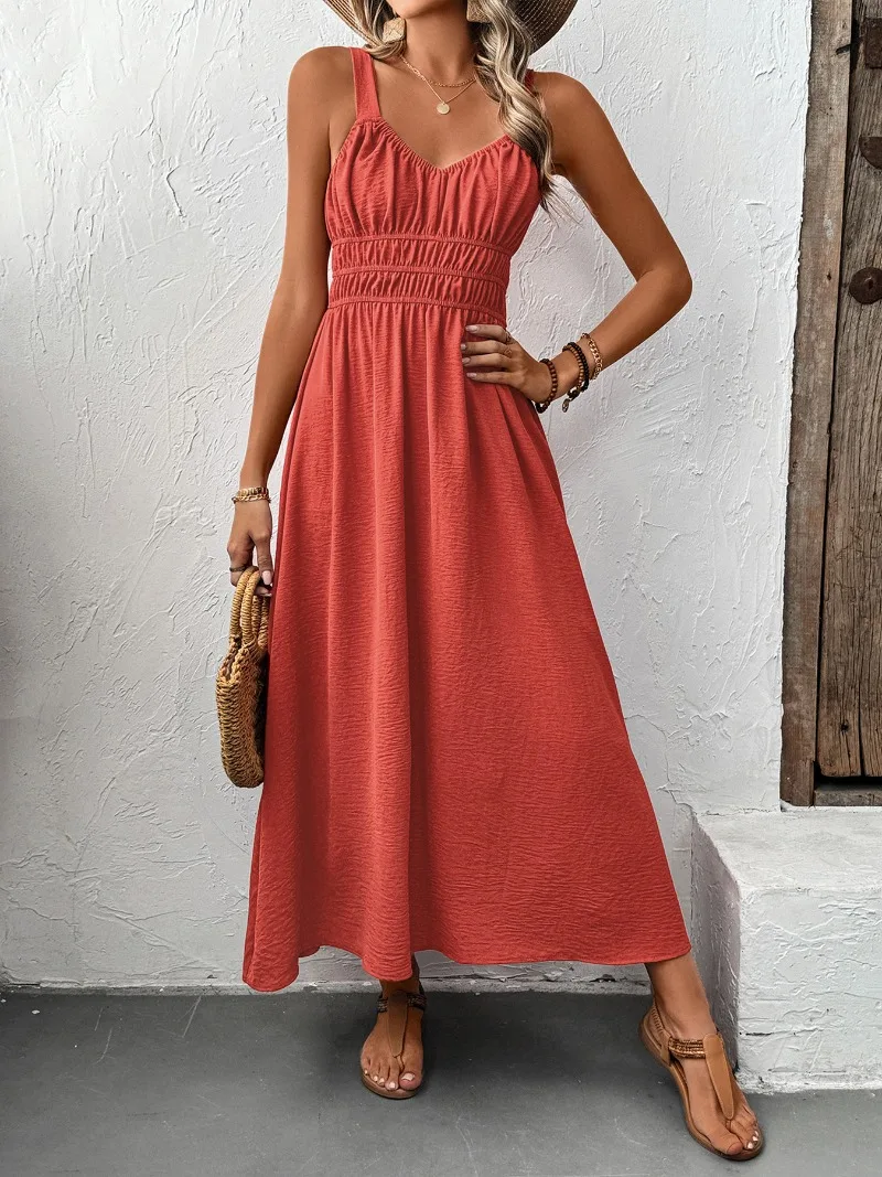 Damen 2026 Sommer Strukturiertes Korsett-Party-Cami-Maxikleid Retro Boho Ärmelloses Kleid mit geraffter Taille Lässiges Strand-Urlaubskleid Fließendes Kleid – Detail 2