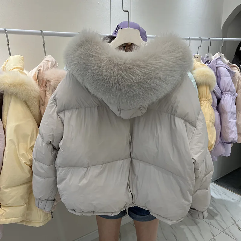 Korean short down jacket with real fox fur collar 2024 new fashionable loose winter thick white duck down jacket