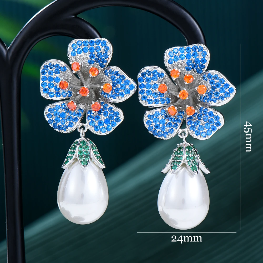 Missvikki Luxury Flower Pearl Drop Earrings Trendy Cubic Zircon Indian Earrings for women Wedding Engagement Party JEWELRY GIFT