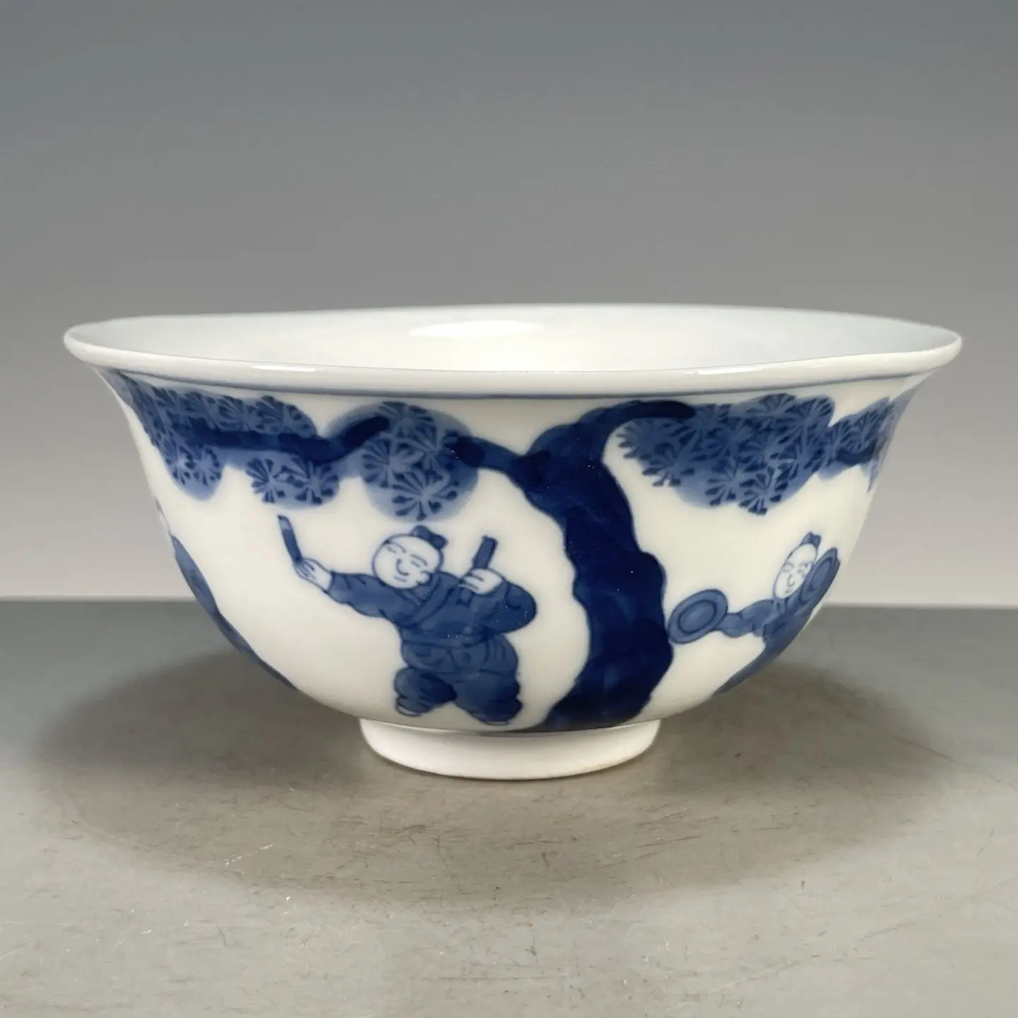 Chinese Wenwan Porcelain Bowl, Hand Painted Underglaze Blue Children Playing Pattern Ceramic Bowl