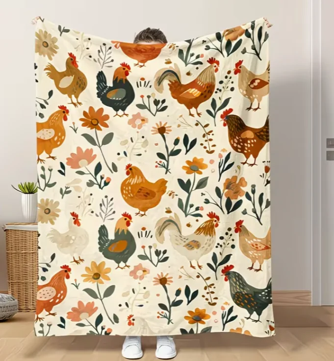 Chicken Element Blanket, Vintage Illustration Style, Chickens on The Farm Plants, Animals, Birds, Soft Warm Printed Blanket