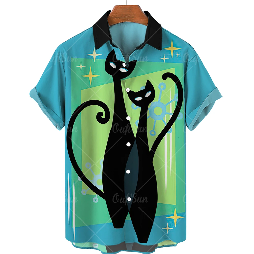 Men's Graffiti Pattern Cat Cartoon Short Sleeve Floral Casual Social Vintage Shirt For Men Blouse Luxury Designer Y2k Clothes