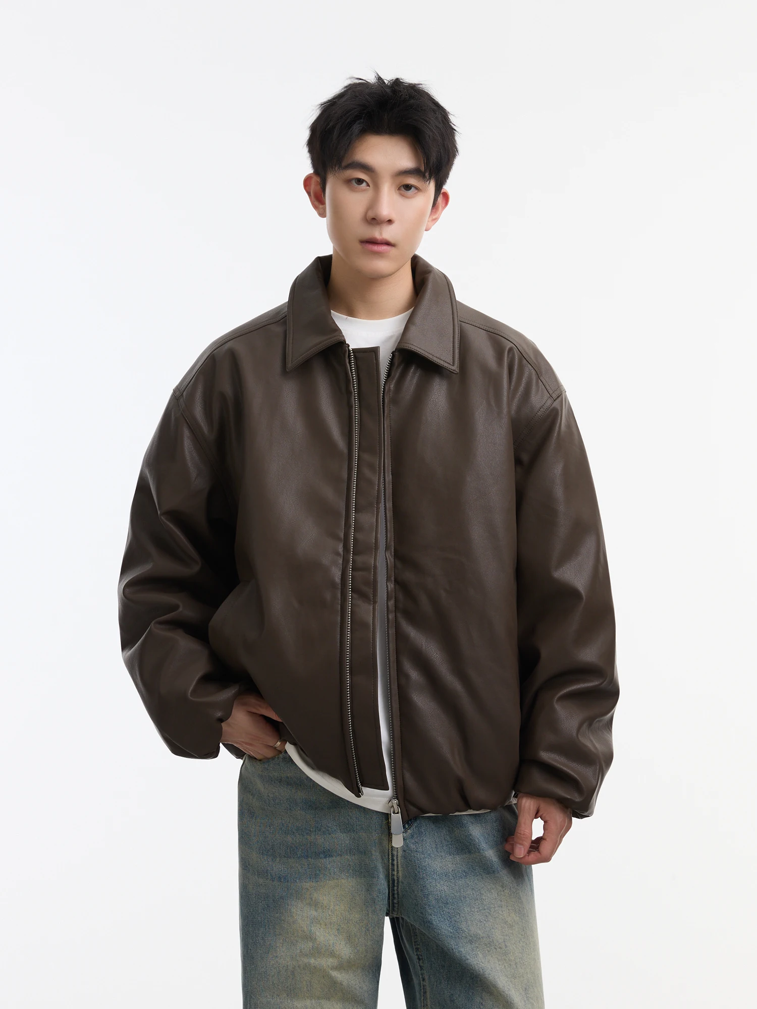 

Men's Casual Loose PU Leather down Jaet Vintage American Sle Zipper Closure Warm Coat Brown Motorcycle Winter Outerwear