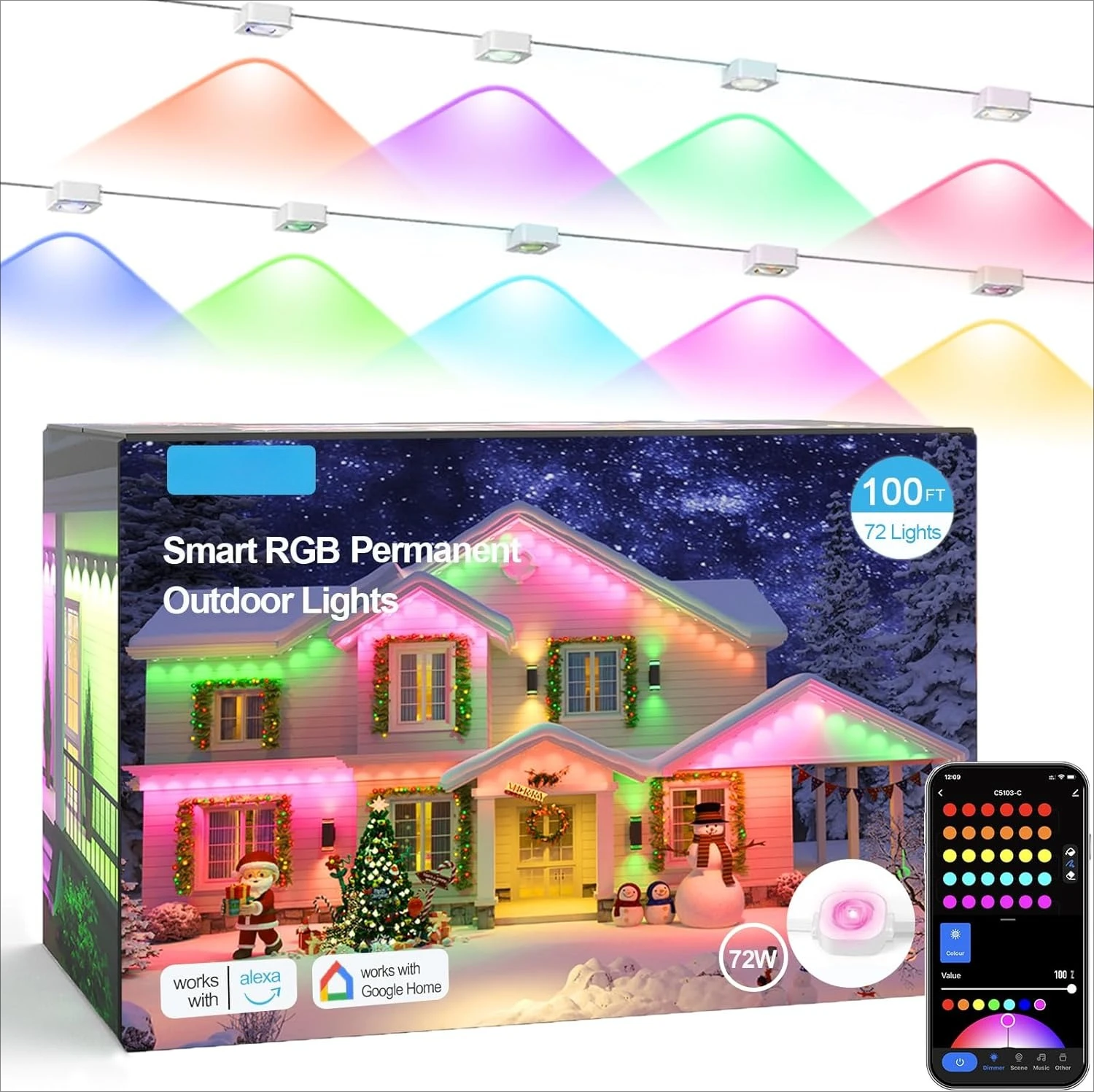 

Постоянное наружное освещение 100 футов, RGBIC Smart Eave Lights с 72 светодиодами, водонепроницаемость IP67, 110+ режимов сцен для дома, новая популярность