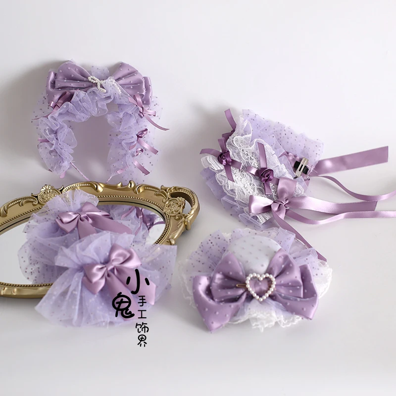 Original Sweet Elegant Princess Lolita Hair Accessories Handmade Dot Lace 3D Flower Bow Versatile Purple Headband Women Headwear
