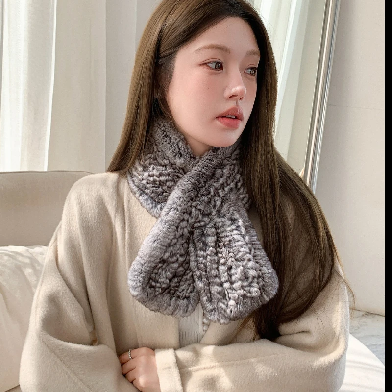 

2026 New Fashion Women Real Rex Rabbit Fur Scarf Style Lady Warm Soft Knitted Handmade Fur Shawl Wrap Neckerchief Scarves