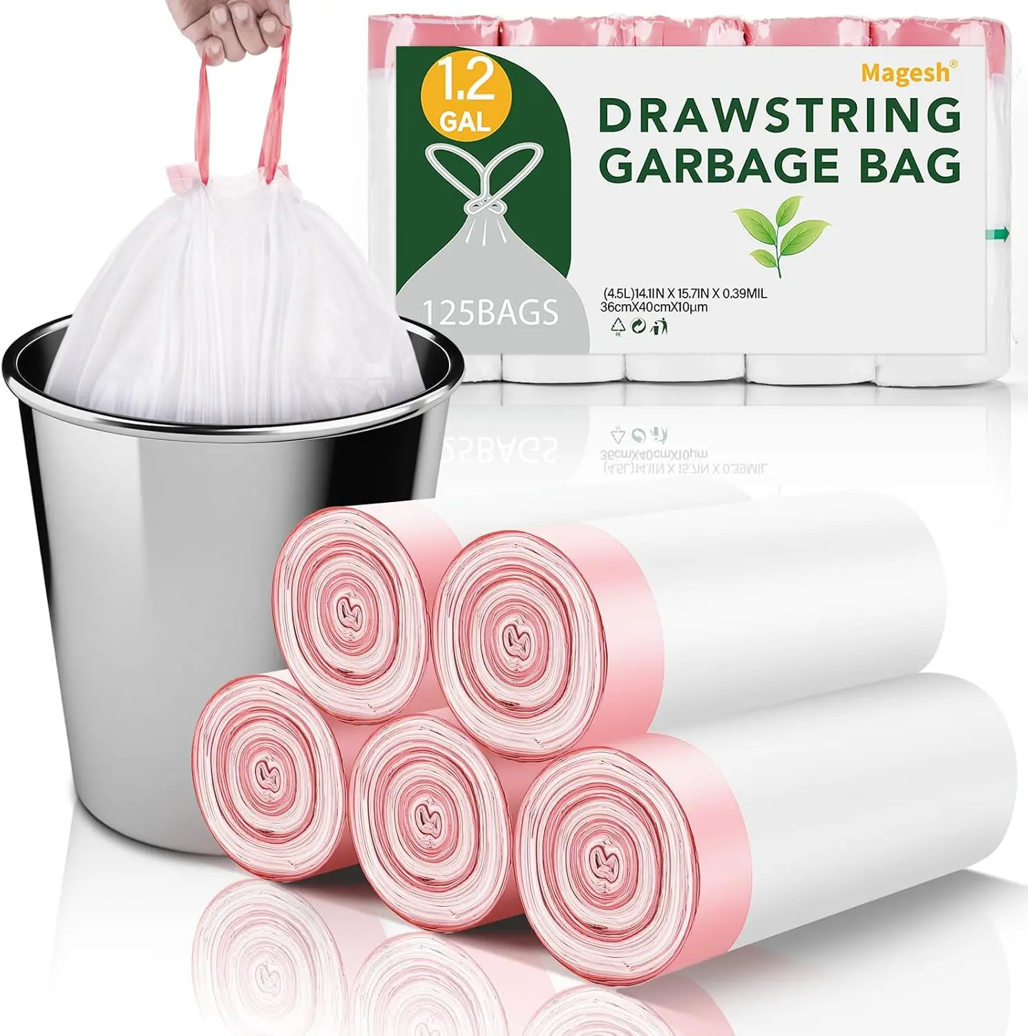 

1.2 Gallon Trash Bags Drawstring for Bathroom - 125 Count Mini Garbage Bags Unscented Strong Plastic Liners for Home Office