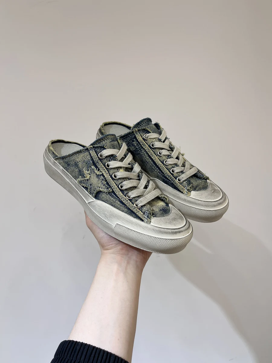 

Casual Style Denim Canvas Slip-On Slippers Women's Outdoor Wear round Toe Flat Heel Fashionable Comfortable Lazy Shoes