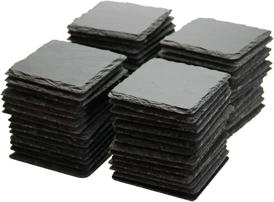 

60 Pack 4x4 Inch Black Slate Stone Coasters, Natural Rough Edge, Square Drink Coaster for Bar Kitchen Home