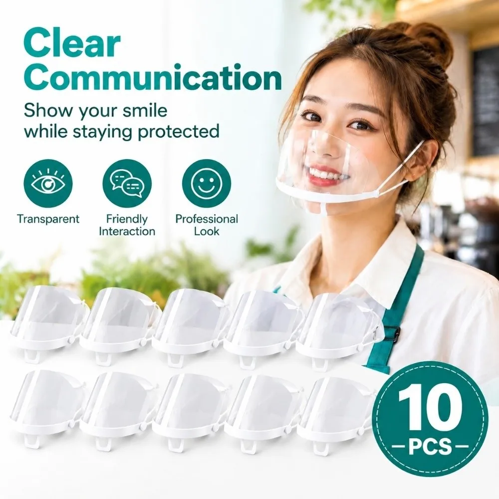 10Pcs Plastic Cover Food Grade Clear Mouth Shield Reusable Transparent Catering Mask Adjustable Anti Fog Smile Mask Kitchen Use
