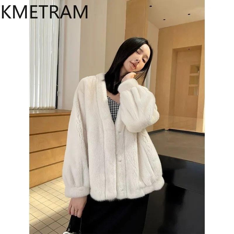 KMETRAM Real Whole Mink Fur Coat Woman Fashion Velvet Mink Fur Jacket V-Neck Short Winter Jackets Women Clothing 60cm 2026 шуба
