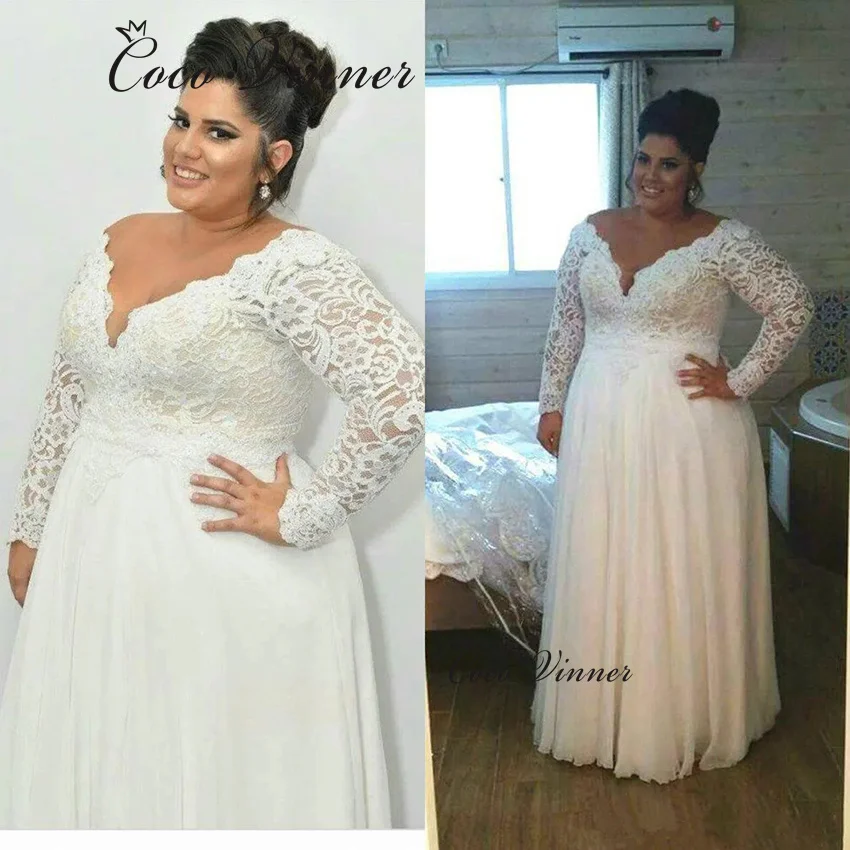 Vestido de novia personalizado con cuello en V y mangas largas de talla grande, vestidos de novia de tul de encaje a la moda de Sudáfrica 2025 para Pregent W1366