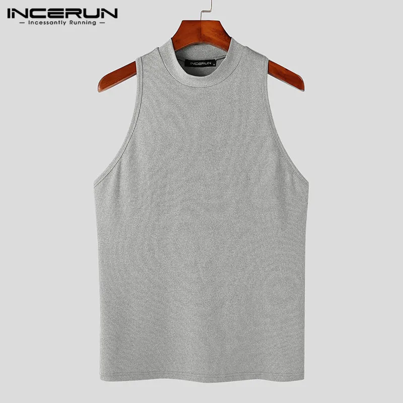 2023 Men Tank Tops Solid Color Turtleneck Sleeveless Knitted Casual Vests Summer Streetwear Fashion Men Clothing INCERUN S-5XL