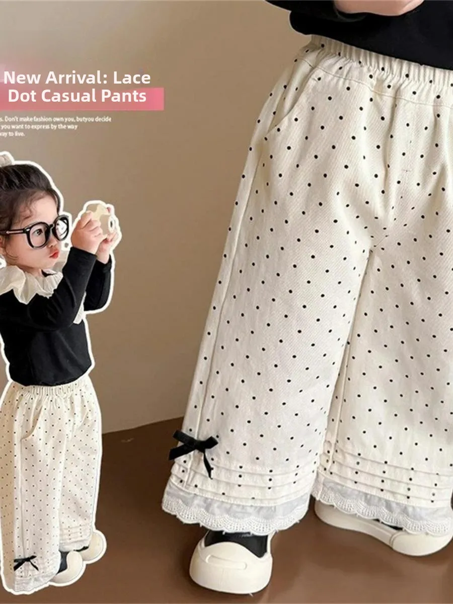여아용 물방울무늬 러플 와이드 레그 팬츠 2025년 여름 신상 한국 스타일 패셔너블 베이비 캐주얼 다용도 롱 팬츠