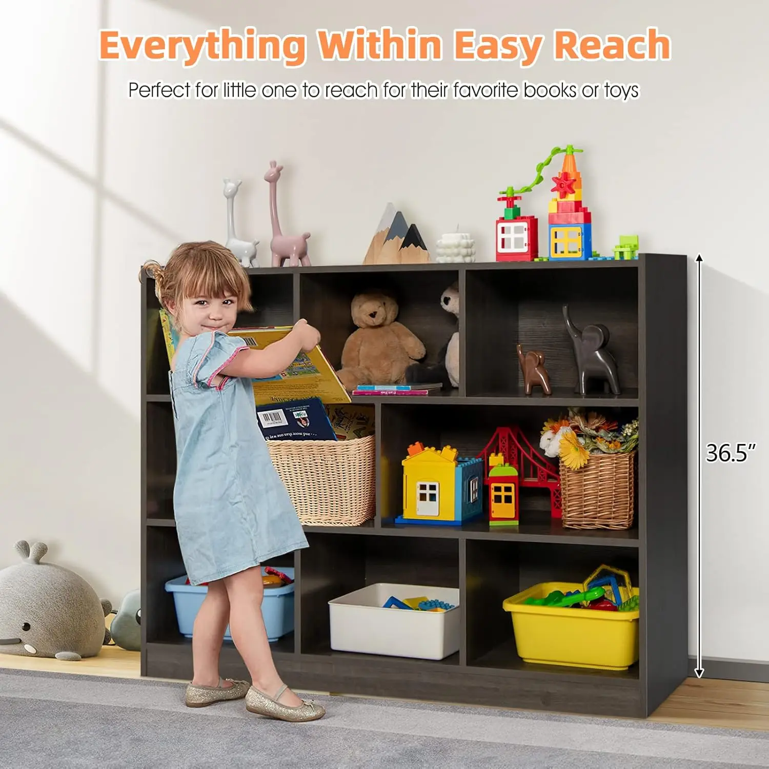 3-Tier Kids Bookshelf, Wooden Toy Organizer, Gray, Small Book Shelf for Bedroom, Playroom, Classroom, Nursery