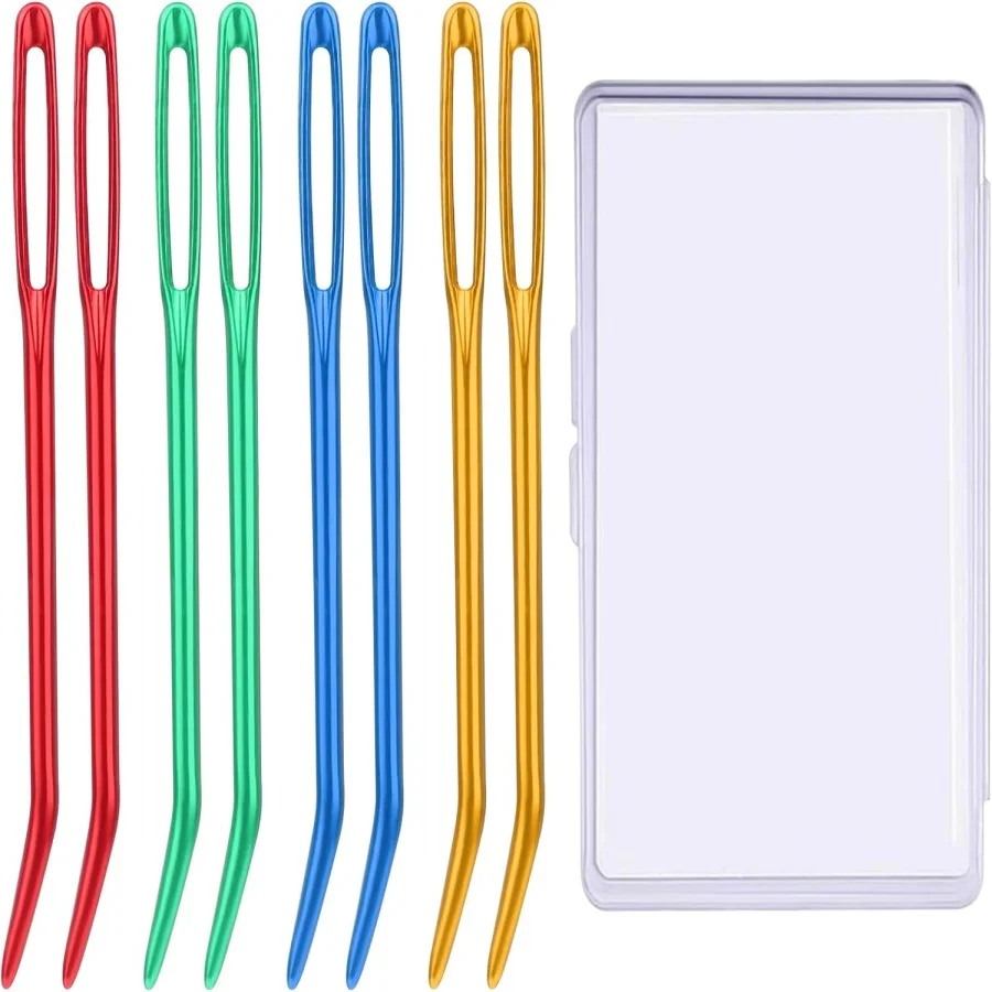 MIUSIE Aluminum Bent Tip Crochet Needles Knitting Needles DIY Sewing Big Eye Bent Needle Yarn Weave Tool with Storage Box