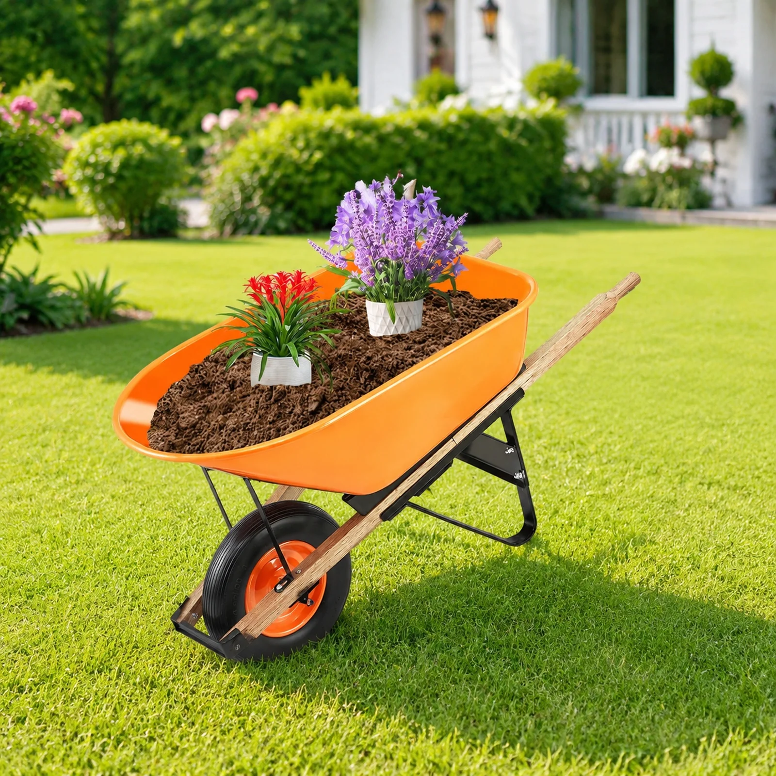 Wheelbarrow Cart, 6 Cu. Ft. Load & 330 lbs Capacity, One Wheel Garden Dump Cart Wheel Barrow with Metal Handle & 16