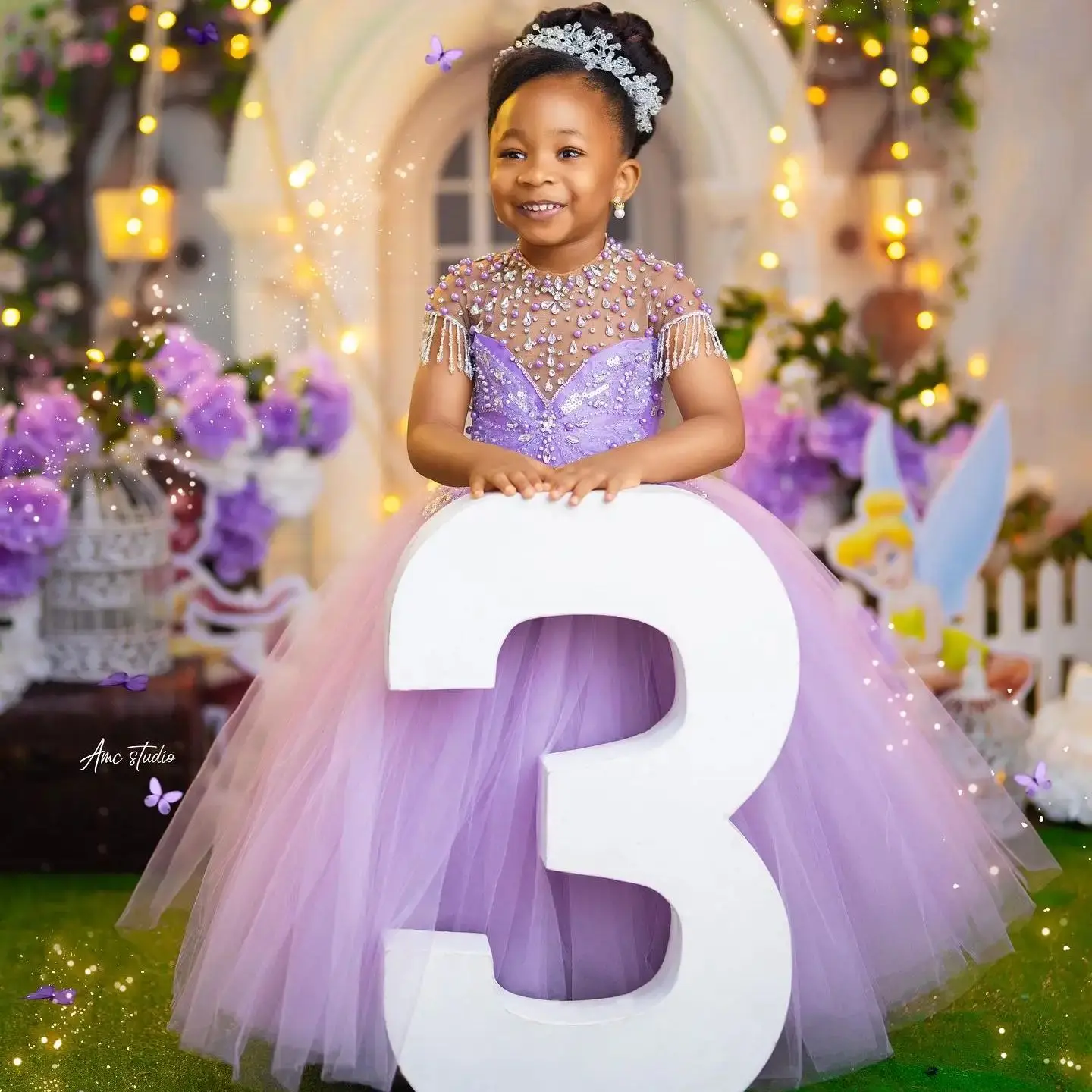 Lavender Beading Girls Birthday Party Dresses Customized Crystal Flower Girl Dresses for Wedding Baby Ball Gowns for Photo Shoot