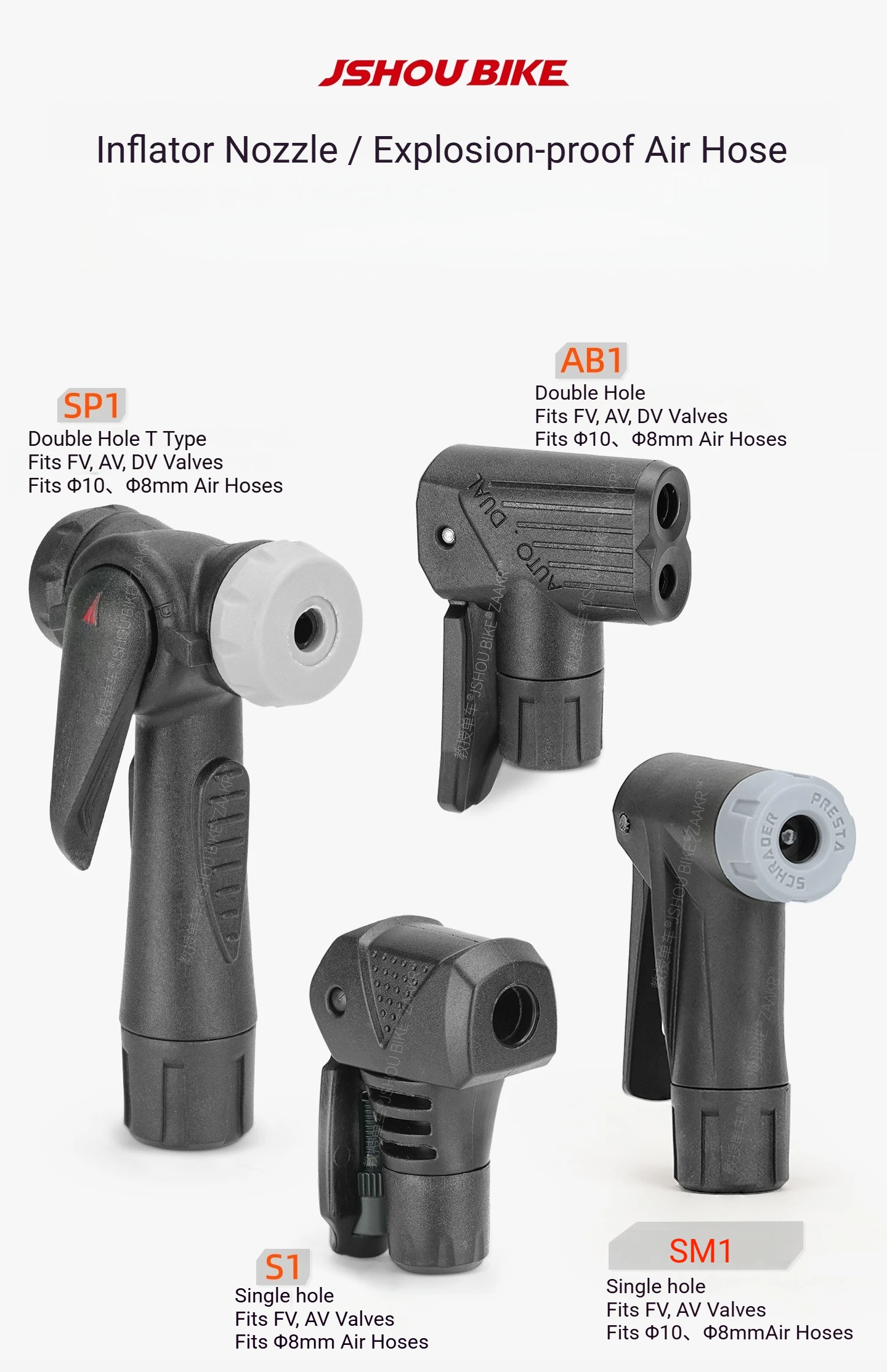 JSHOUBIKE Pumpenadapter, passend für 3 Ventile (Schrader/Presta/Dunlop), kompatibel mit 8/10 mm Schlauch, Ersatz für manuelle und elektrische Pumpen – Detail 1