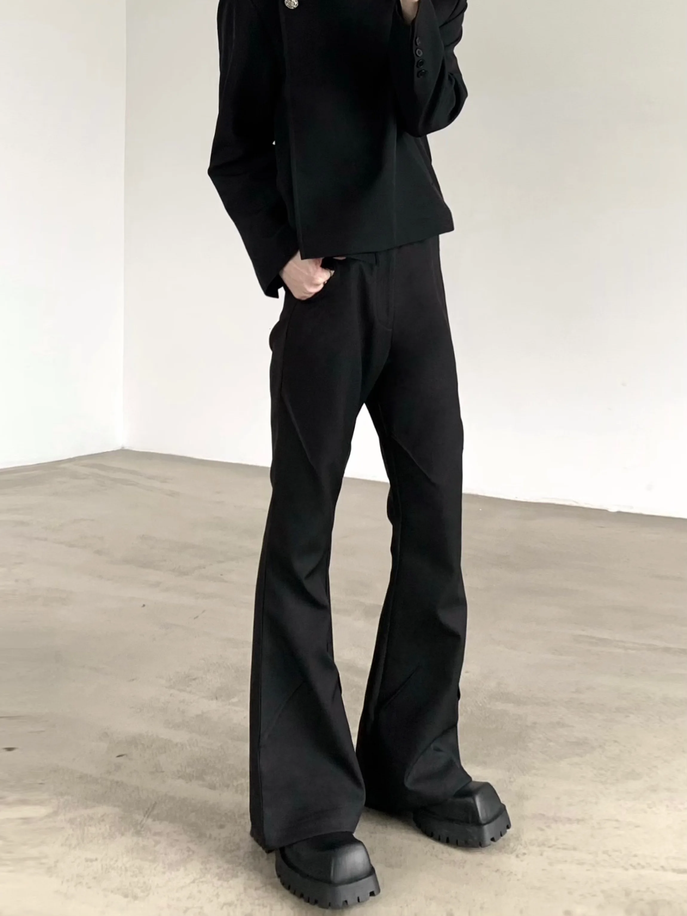 Cleanfit High Waist Flared Casual Commute Men's Pants Dark Splitting Hand Ironed Pleats Comfortable Composite Fabric