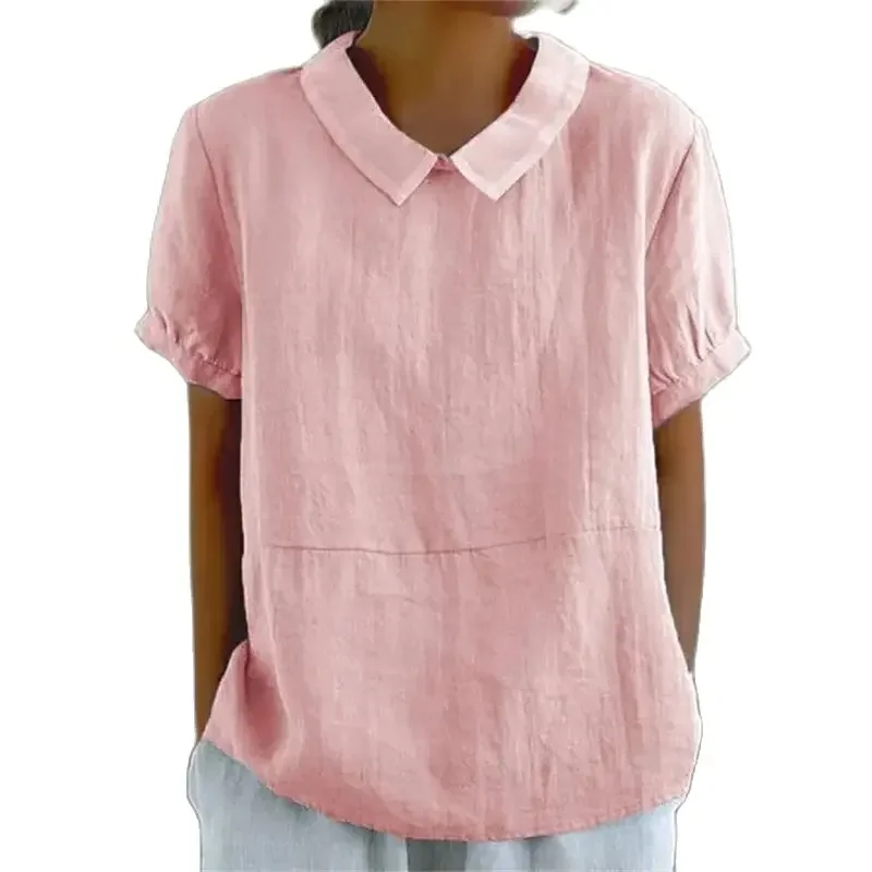 Blusa de lino y algodón para mujer, camisa de manga corta con solapa, de Color liso, cómoda e informal, estilo Simple, 2024