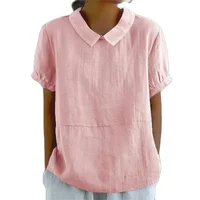 Jersey con solapa de lino y algodón de Color liso para mujer, blusa de manga corta de verano para mujer, Tops informales cómodos de estilo Simple 2024