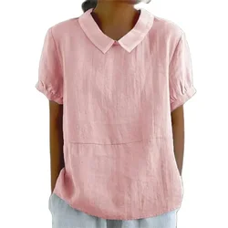 Blusa de lino y algodón para mujer, camisa de manga corta con solapa, de Color liso, cómoda e informal, estilo Simple, 2024