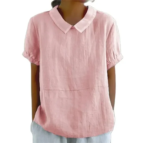 Jersey con solapa de lino y algodón de Color liso para mujer, blusa de manga corta de verano para mujer, Tops informales cómodos de estilo Simple 2024