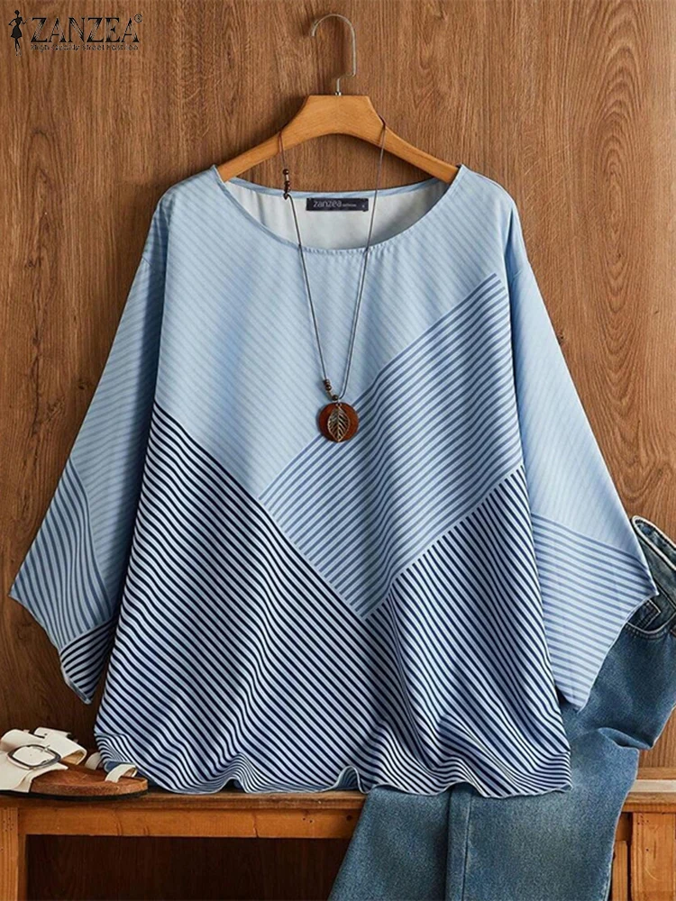 ZANZEA Women Blouse Korean Fashion Long Sleeve Tops Bohemian Colorblock Stripes Splicing Tunic Casual Loose Holiday Autumn Blusa