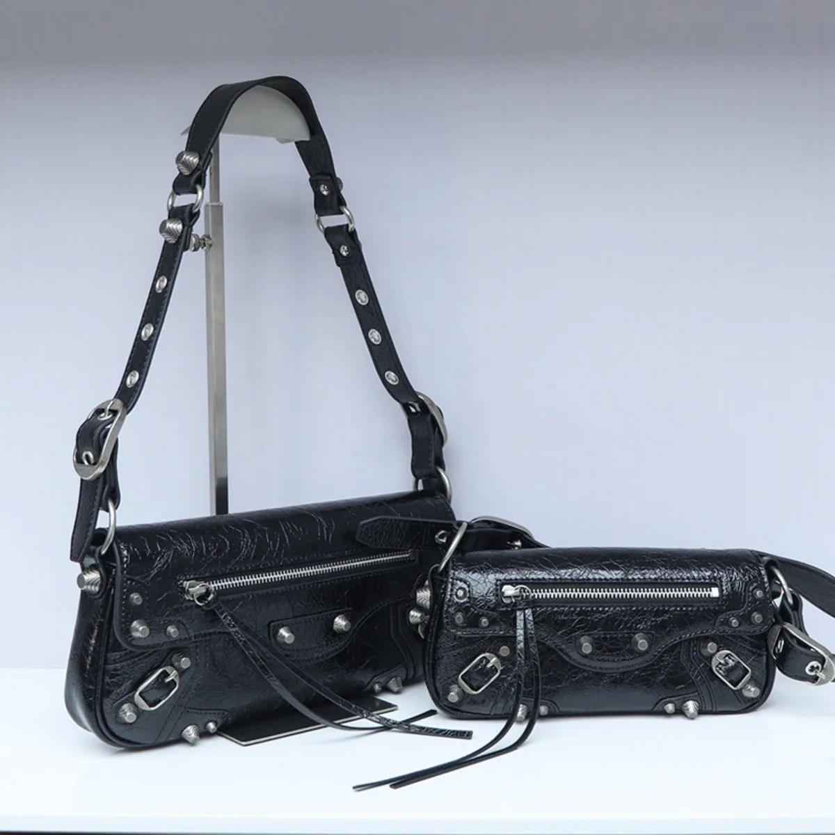 Single Shoulder Locomotive Bag Damen, Premium Sense Rivet Baguette Bag Leder Single Shoulder Achseltasche