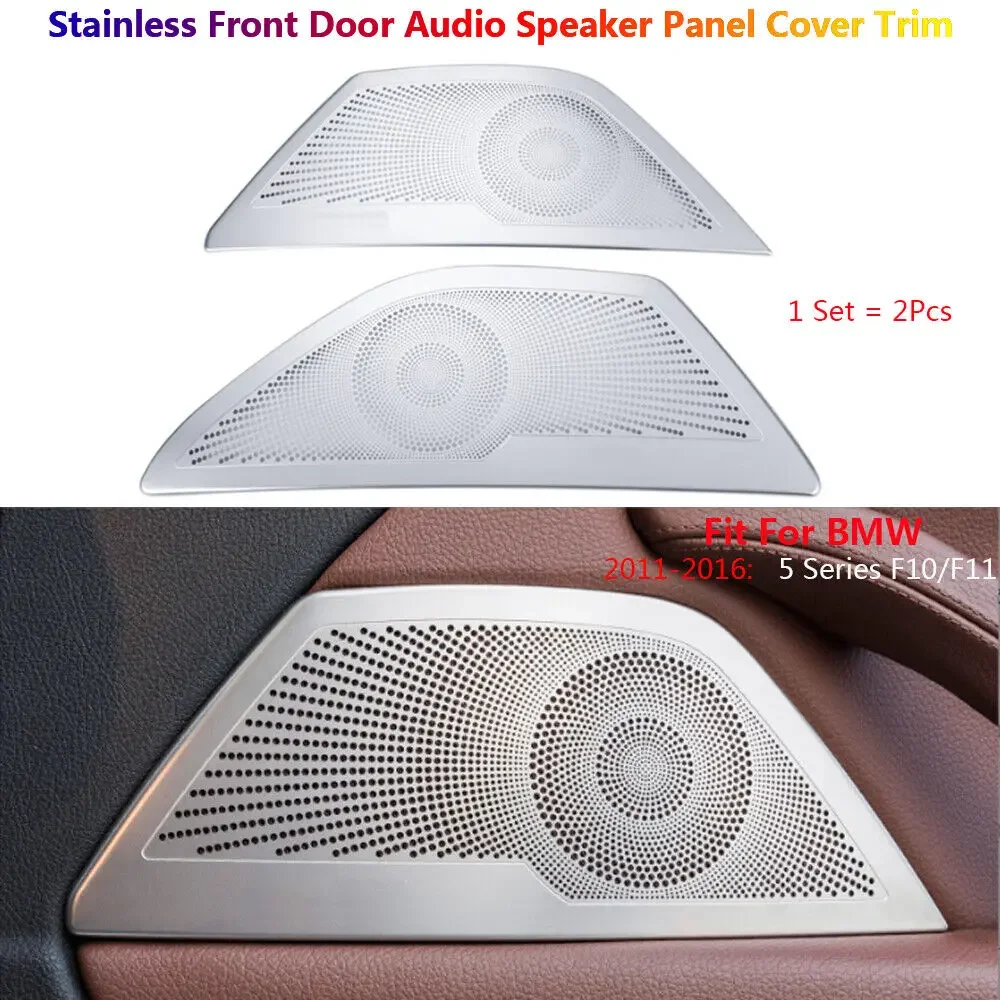 LHD Silver 2 Piece Car Front Door Audio Midrange Speaker Stereo Cover Decoration For BMW 5 Series F10 F11 2010-2017