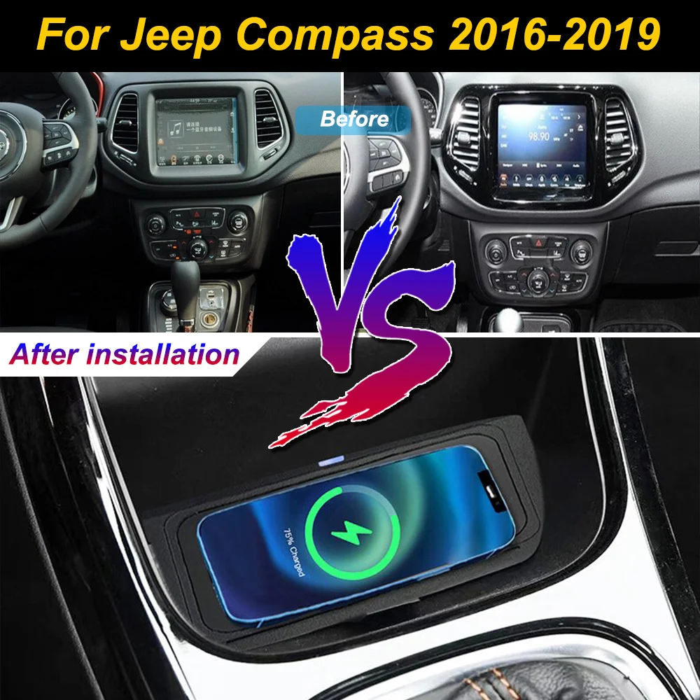 2 Din for Jeep Compass 2016-2019 Car Wireless Mobile Phone Charger Center Console Storage 18W iphone fast charge plate holder