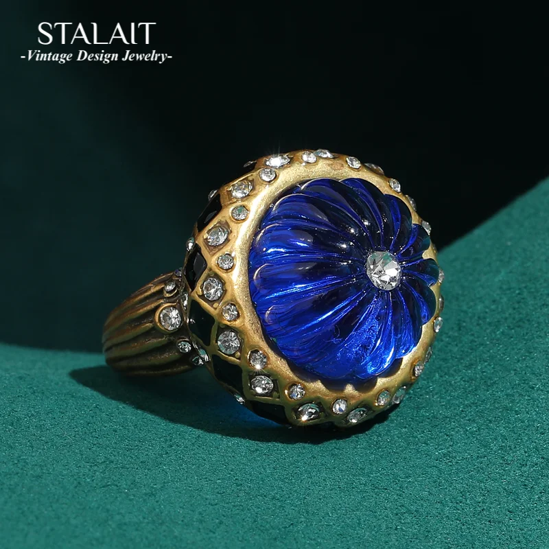 

Vintage Pumpkin Blue Ring For Woman Jewelry Halloween Antique Gold Color Black Oil Dripping Luxury Party Accessories Gift 2025