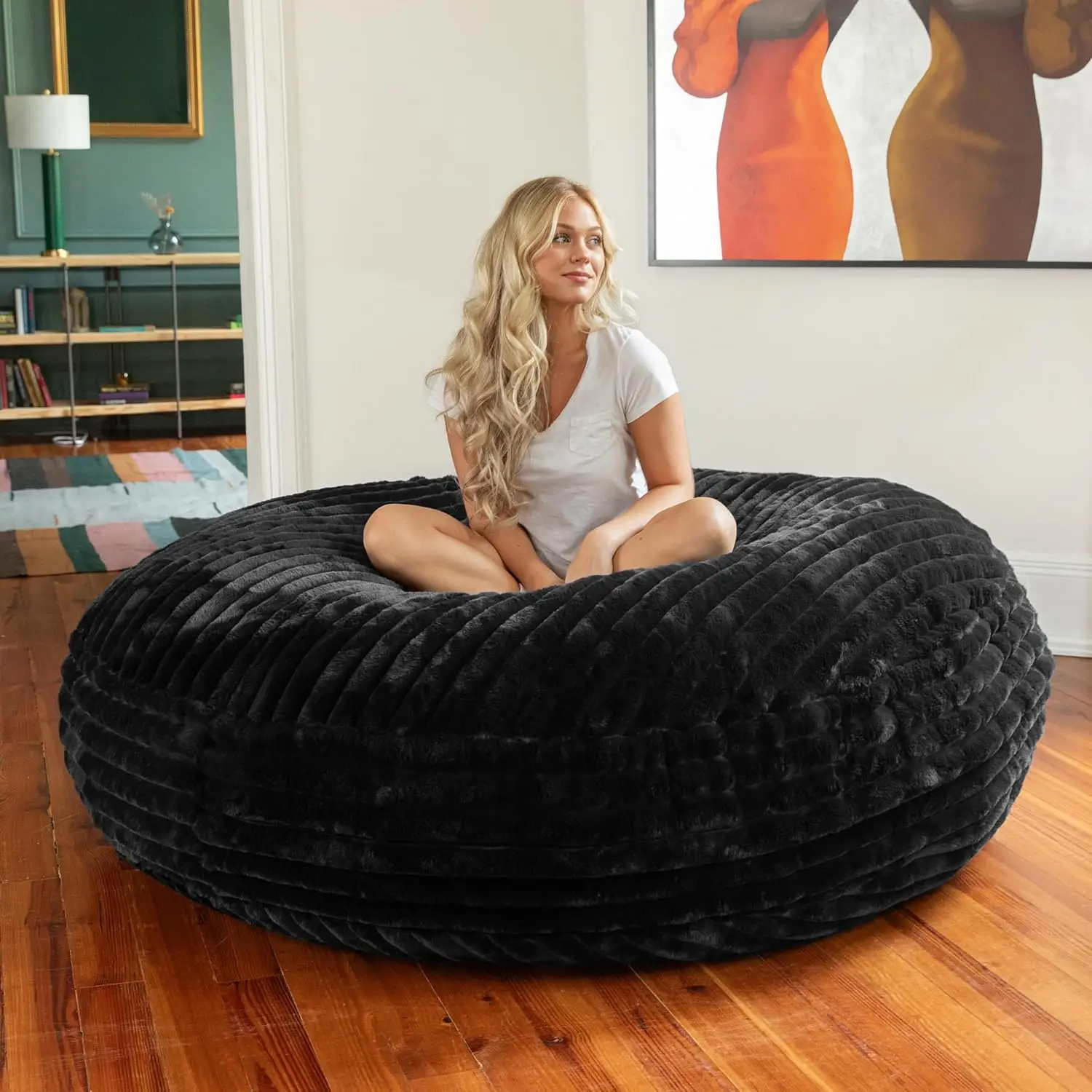 6-Foot Cocoon Large Bean Bag Chair for Adults Premium Luxe Faux Fur Mondo Black Childproof Closure Washable Removable Cover