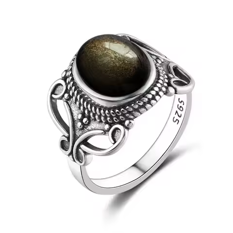 Vintage S925 Sterling Silver Ring Oval Round Natural Obsidian Ring Sun And Flower Shaped Retro Fine Jewelry For Women Men